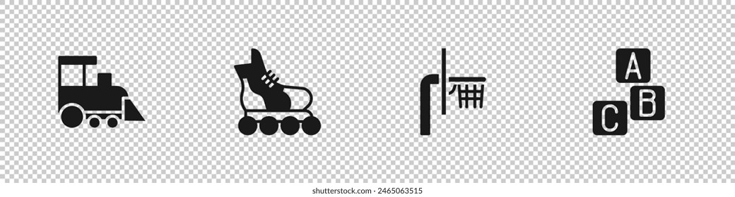 Set Toy train, Roller skate, Basketball backboard and ABC blocks icon. Vector