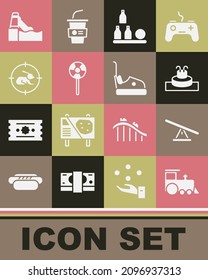 Set Toy train, Seesaw, Fountain, Bottles ball, Lollipop, Hunt on rabbit with crosshairs, Water slide and Bumper car icon. Vector