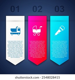 Set Toy truck, Baby stroller and Microphone. Business infographic template. Vector