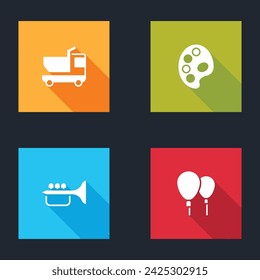 Set Toy truck, Palette, Trumpet and Balloons icon. Vector