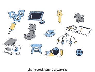 A set of toys for babies and toddlers to play Comical handwritten material Vector, warm line drawing
