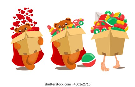 Set of toys in brown box. Vector illustration