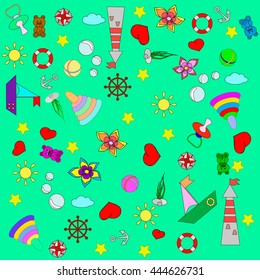 Set with toys, can be used for wallpaper, pattern fills, web page background,surface textures, textiles, cards.