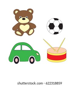 A set of toys of the car of a drum, bear and soccerball for the boy. A vector picture on a white background