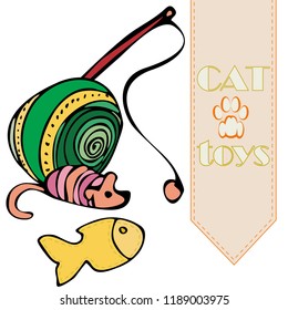 A set of toys for cat's game painted with a thick contour and without shadows: ball, teaser; mouse and fish