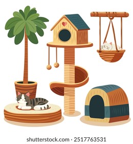 Set of toys for cats. Scratching post, bed and house for cats. Tree, swing for cat. Accessories for sleeping and playing pets. Flat vector illustration