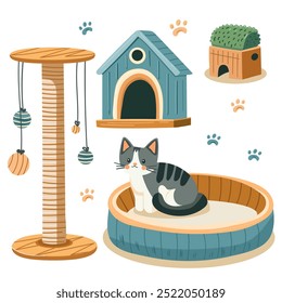 Set of toys for cats. Scratching post, bed and house for cats. Tree, swing for cat. Accessories for sleeping and playing pets. Flat vector illustration