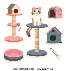 
 Set of toys for cats. Scratching post, bed and house for cats. Tree, swing for cat. Accessories for sleeping and playing pets. Flat vector illustration