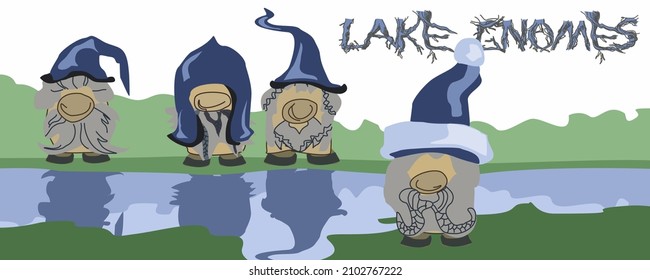 A set of toys of cheerful lake gnomes near the water surface.