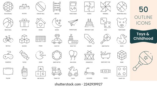 Set of toys and childhood icons. Thin outline icons pack. Vector illustration