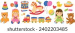 Set of toys for children. Doll, teddy bear, rocking horse, rubber yellow duck and colorful ball. Entertainment or activity for preschoolers. Cartoon flat vector collection isolated on white background