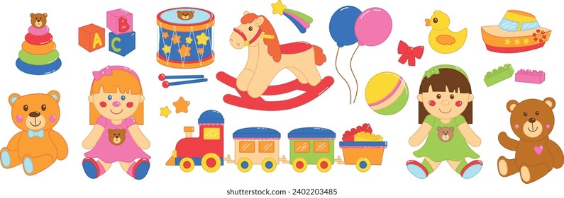 Juego de juguetes para niños. Muñeca, oso de peluche, caballo balancín, pato amarillo de goma y bola colorida. Entretenimiento o actividad para los preescolares. Colección vectorial plana de dibujos animados aislada en fondo blanco