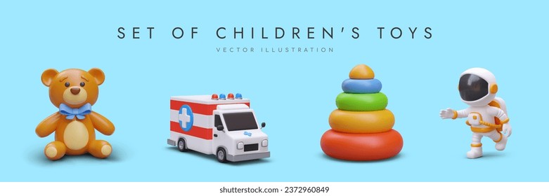 Set with toys for children on blue background. Cute soft teddy bear, ambulance, educational pyramid with colorful rings, astronaut and ambulance car. Vector illustration