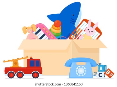 Set of toys. Children's games. Soft toys, cars, dolls. isolated vector illustration