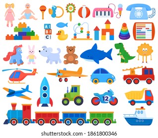 Set of toys. Children's games. Soft toys, cars, dolls. isolated vector illustration