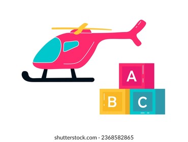 Set of toys concept. Helicopter and colorful cubes with letters. Kids entertainment and leisure. Poster or banner for website. Cartoon flat vector collection isolated on white background