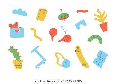 Set of toys for concept of swap things. Sharing or swap party background. Eco consumption of things. 