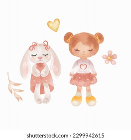 

Set of toys doll and bunny vintage children's toys watercolor. Isolate, clipart. Vector image.