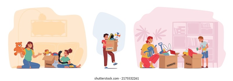 Set Toys Donation, Humanitarian Aid to Orphans Concept. Children and Volunteers Characters Sorting Box with Play Things. Happy Kids Gratitude Sponsors for Help. Cartoon People Vector Illustration