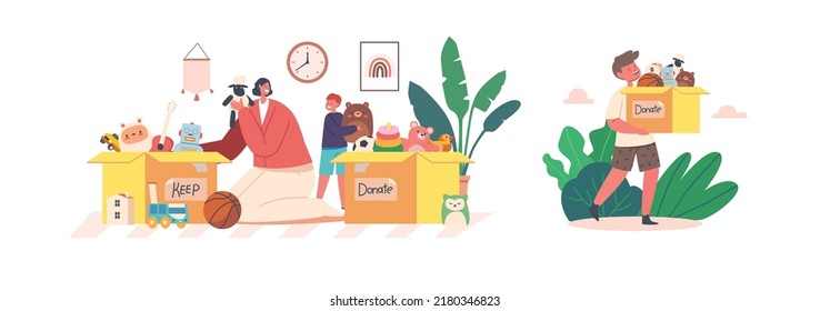 Set Toys Donation, Humanitarian Aid to Orphans Concept. Children and Volunteers Characters Sorting Box with Charitable Toys. Happy Kids Gratitude Sponsors for Help. Cartoon People Vector Illustration