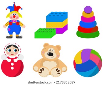 Set of toys. Flat icons. includes 6 toys on white background