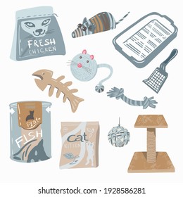 Set of toys, food, items for the cat in pastel colors. Pet Shop Product. Vector illustration.
