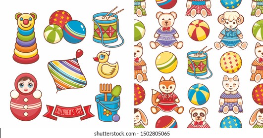 Set of toys for kids. Baby toys - Drum,Pyramid, children's beach balls, Percussion, yellow duck for swimming, cubes, tumbler, Peg toy, roly poly, Humming top - Children's toy. Elements, seamless