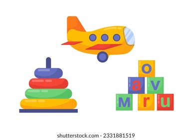 Conjunto de juguetes para niños concepto. Avión, pirámide y dados con letras. Artículos para sala de juegos y sala para niños. Afiche o pancarta. Colección vectorial plana de dibujos animados aislada en fondo blanco