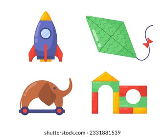 Set of toys for kids concept. Rocket, elephant, kite and dices building. Fun and entertainment. Template, layout and mock up. Cartoon flat vector collection isolated on white background