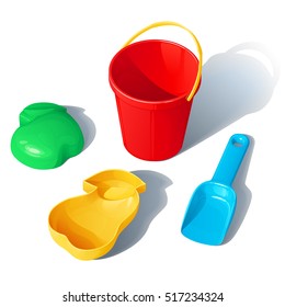 set of toys for a kids sandbox - a plastic bucket, a scoop and molds for sand in the form of apple and a pear
