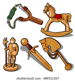 Set of toys made of wood isolated on white background. Vector illustration.
