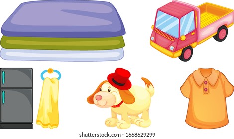 Set of toys and other items on white background illustration