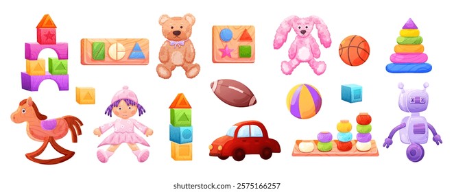 Set of toys with plush bear and wooden cubes. Vector illustration