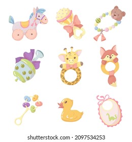 A set of toys for small children. Rattles for newborns. Goods for kids. Vector illustration isolated on white background.