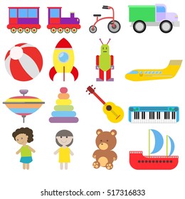 set of toys. Train, train, bike, car, ball, rocket, robot aircraft, whirligig, pyramid, guitar, synthesizer, doll, teddy bear, ship. vector illustration, flat style. design elements