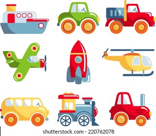 Set of toys transportation on white background. Vector illustration