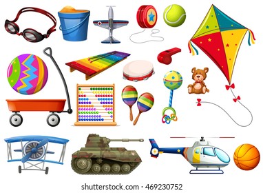 Set of toys and transportations illustration