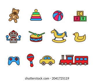 Set of toys vector illustration isolated on white background. Linear color style of toys icons