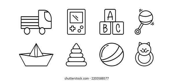 Set of toys vector thin line, flat design icons. Truck, boat, Tetris, ball, children's toys. set of six icons on a white background.