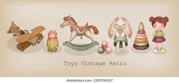 Set of toys vintage retro. Isolate, clipart, vector illustration.