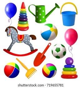 Set toys for young children. Ball, swing, rocking horse, balloon, pyramid, sandbox toys. Realistic isolated colored objects on a white background. Vector illustration.