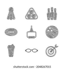 Set TPX loop training equipment, Glasses for swimming, Target with arrow, Bowling ball, Fitness shaker, American Football, pin and Badminton shuttlecock icon. Vector