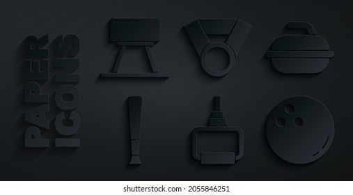 Set TPX loop training equipment, Stone for curling sport game, Baseball bat, Bowling, Medal and Pommel horse icon. Vector