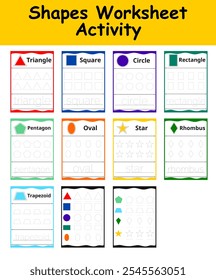 conjunto de traçar as formas geométricas ao redor do contorno. aprendizagem para filhos, tarefas de desenho, atividade de planilha, modelo imprimível