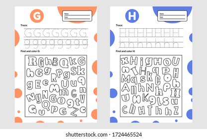 Set trace letter worksheet a4 for kids preschool and school age. Game for children. Find and color. Vector illustration.