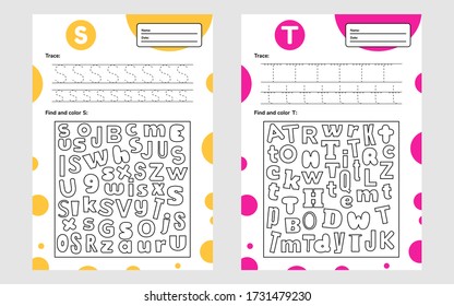 Set trace letter worksheet a4 for kids preschool and school age. Game for children. Find and color. Vector illustration.