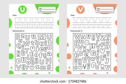 Set trace letter worksheet a4 for kids preschool and school age. Game for children. Find and color. Vector illustration.