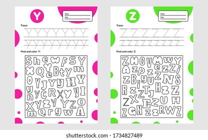 Set trace letter worksheet a4 for kids preschool and school age. Game for children. Find and color. Vector illustration.