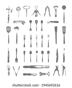 A set of traced texture flatware. Vector cookware elements isolated on the white background.