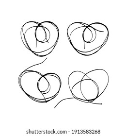 Set of traced thread hearts for Valentines day decoration. Symbol of romantic love. Outline abstract scrawl sketch. Vector stock illustration of chaotic doodle shapes. EPS 10